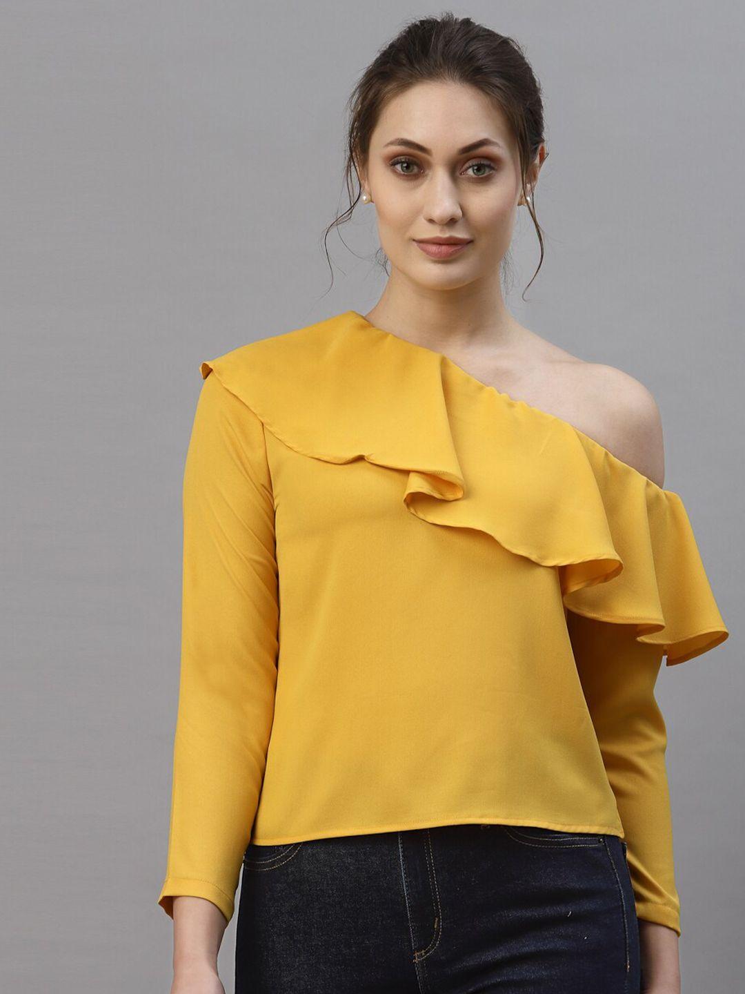 style quotient women yellow one shoulder ruffles top