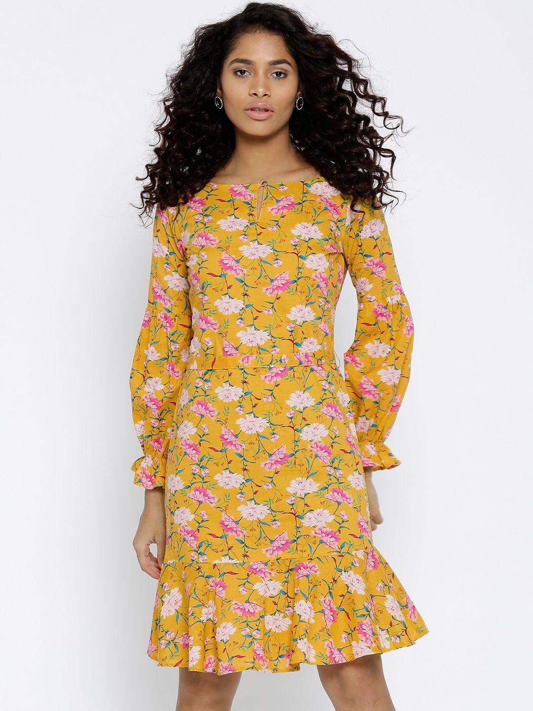 style quotient women yellow printed fit and flare dress