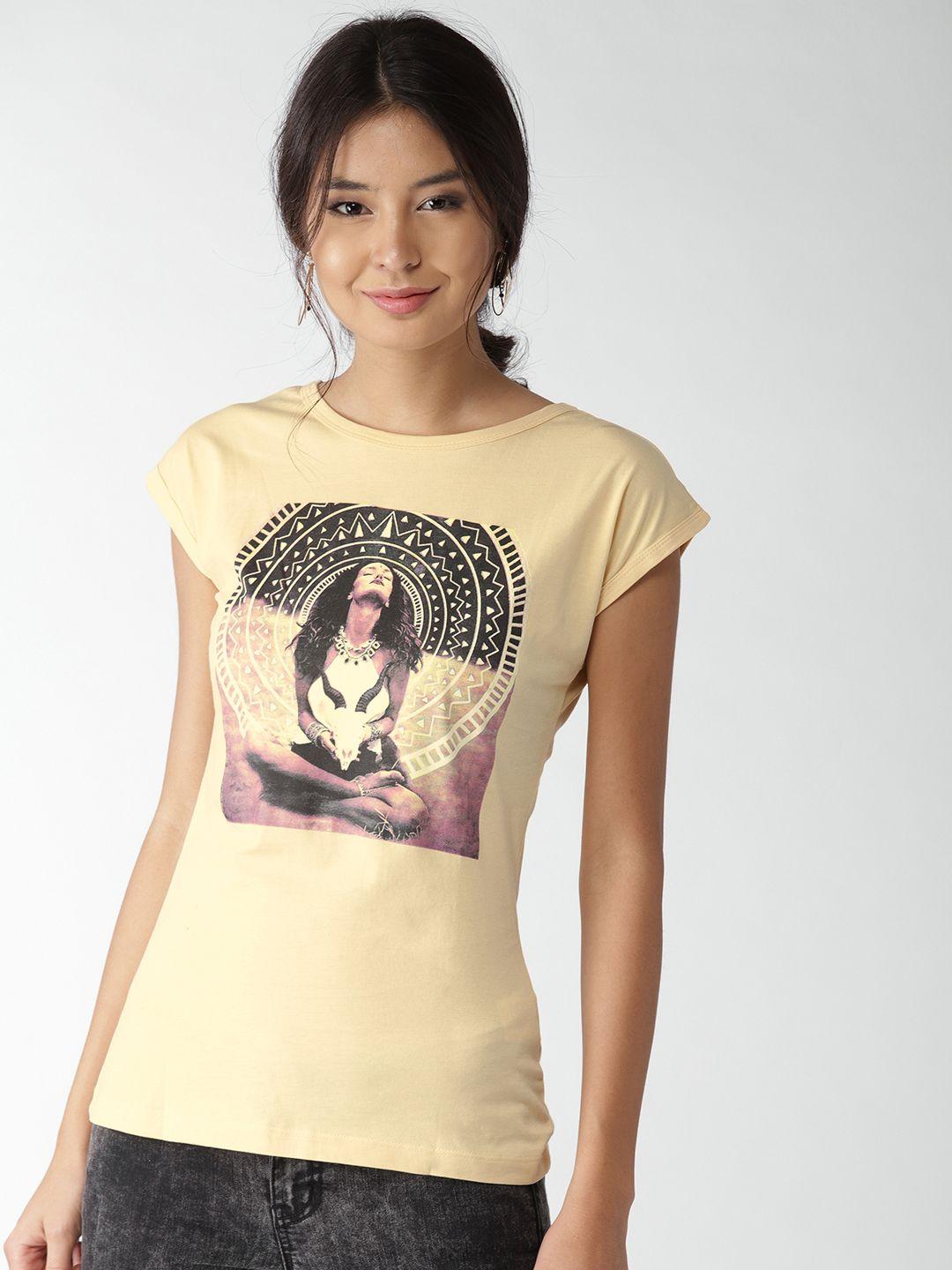 style quotient women yellow printed round neck t-shirt