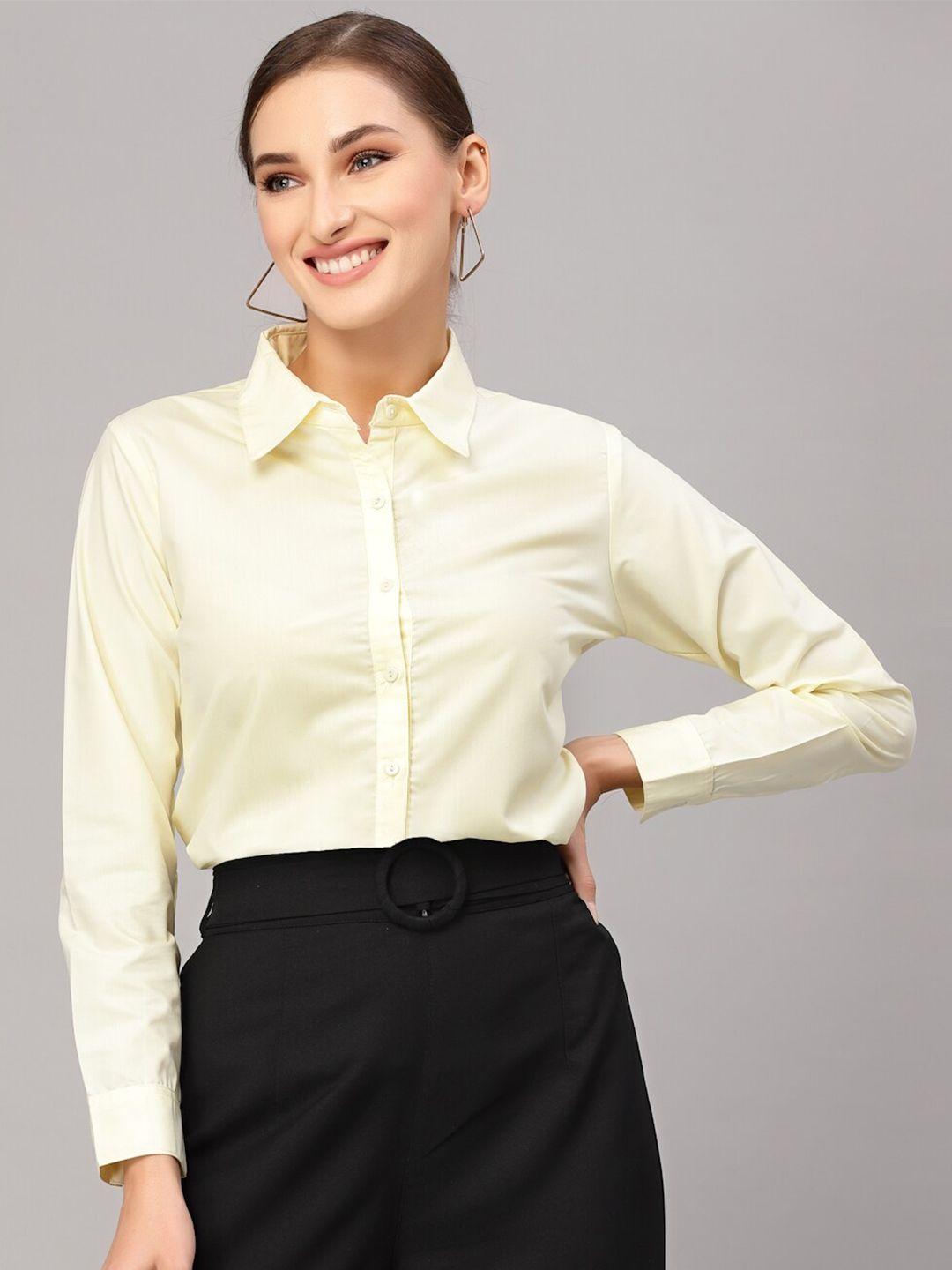 style quotient women yellow solid classic cotton formal shirt