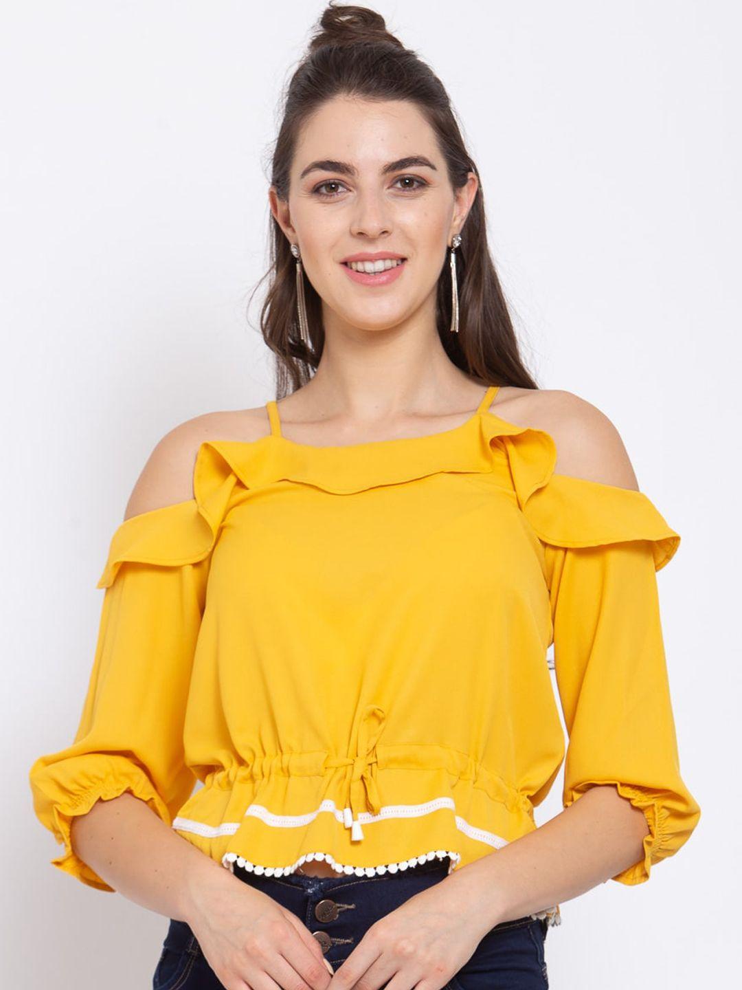 style quotient yellow cold-shoulder sleeves crepe blouson crop top