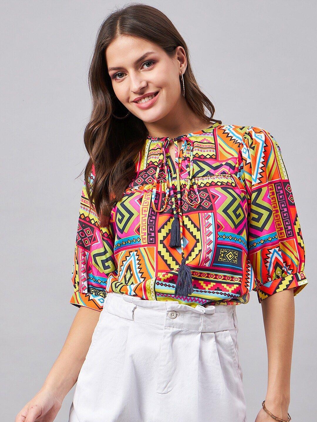 style quotient yellow printed tie-up neck puff sleeve top