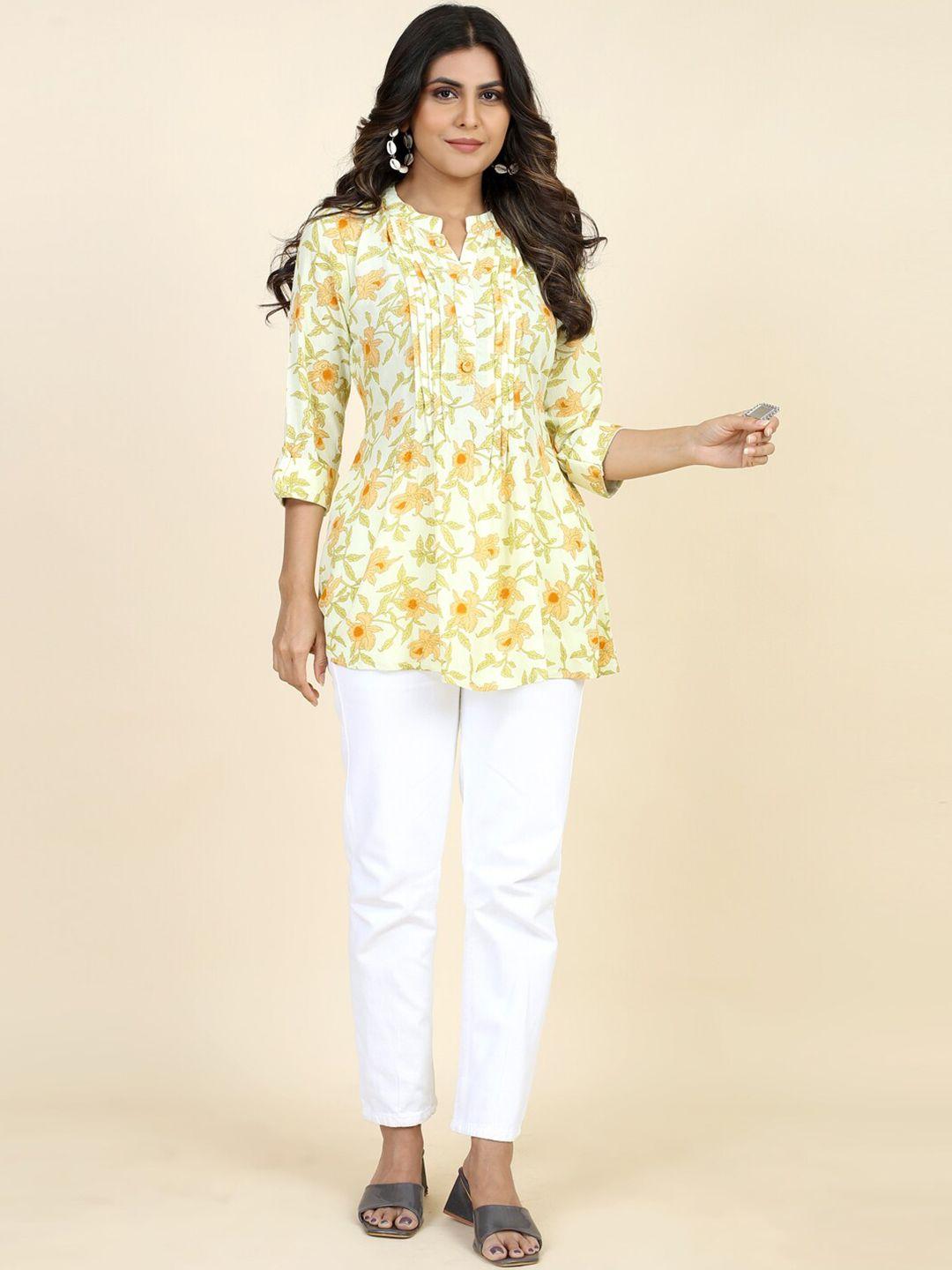 style samsara floral printed mandarin collar roll up sleeves a-line kurti