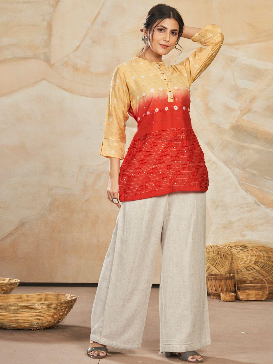 style samsara woven design mandarin collar thread work & sequinned pure silk kurti