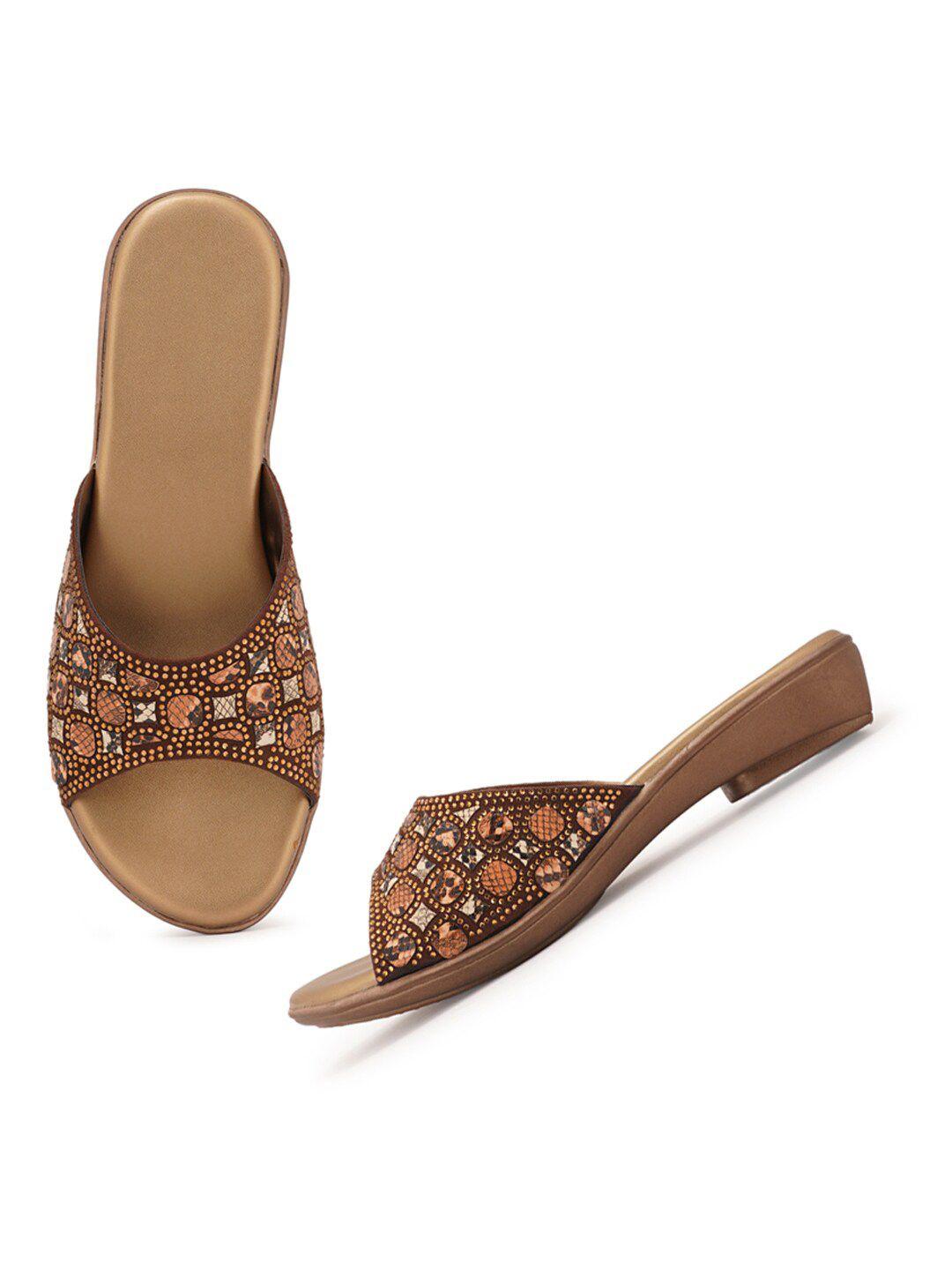 style shoes brown & gold-toned embellished peep toes comfort heels