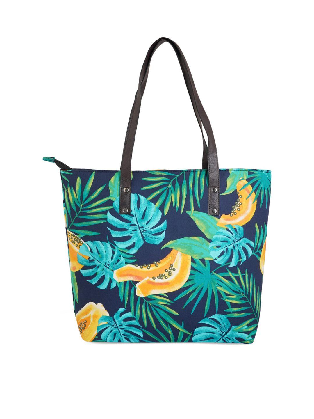 style shoes navy blue & green printed structured tote bag with tasselled