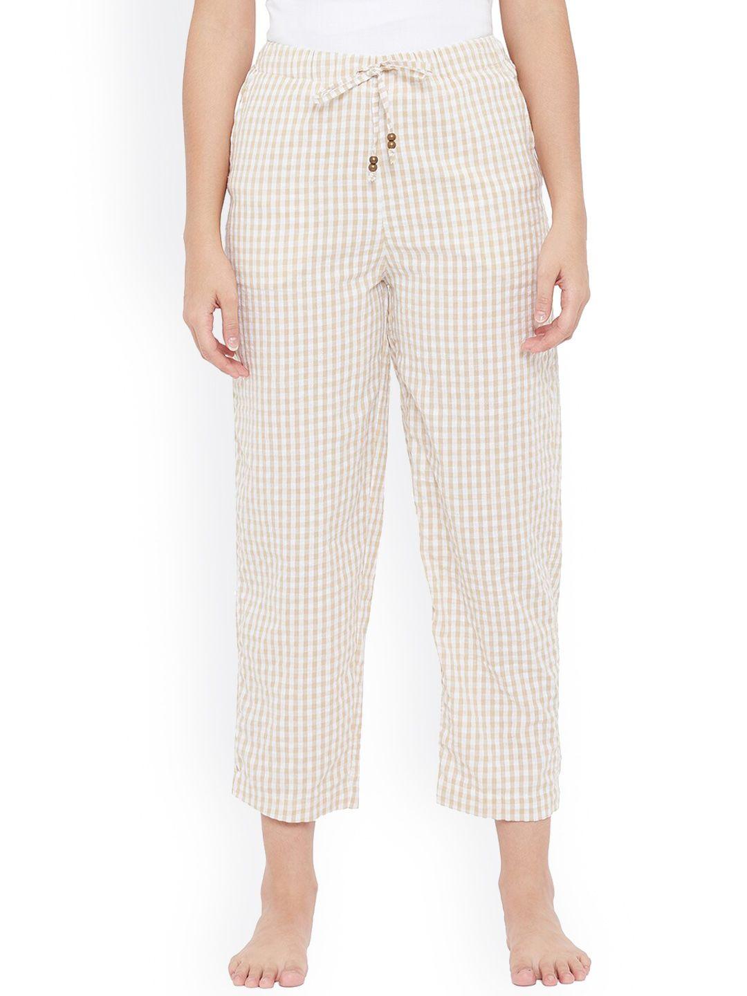 style shoes women beige checked cotton lounge pants