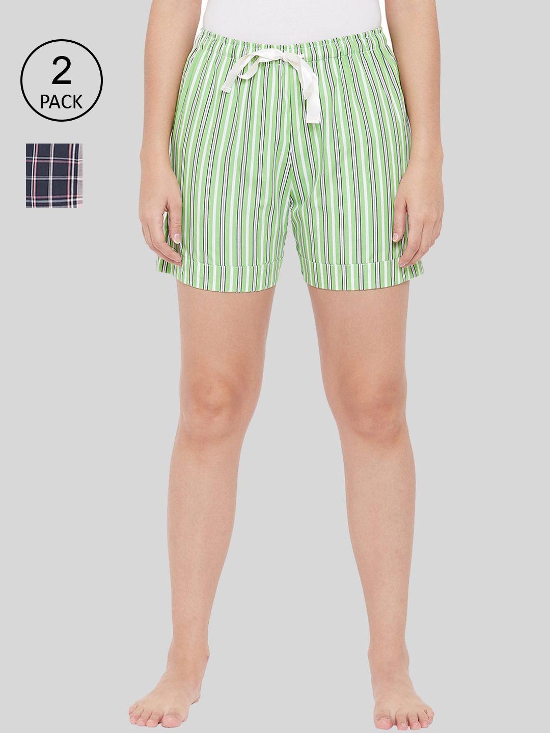 style shoes women green & navy blue striped checked shorts pack of 2