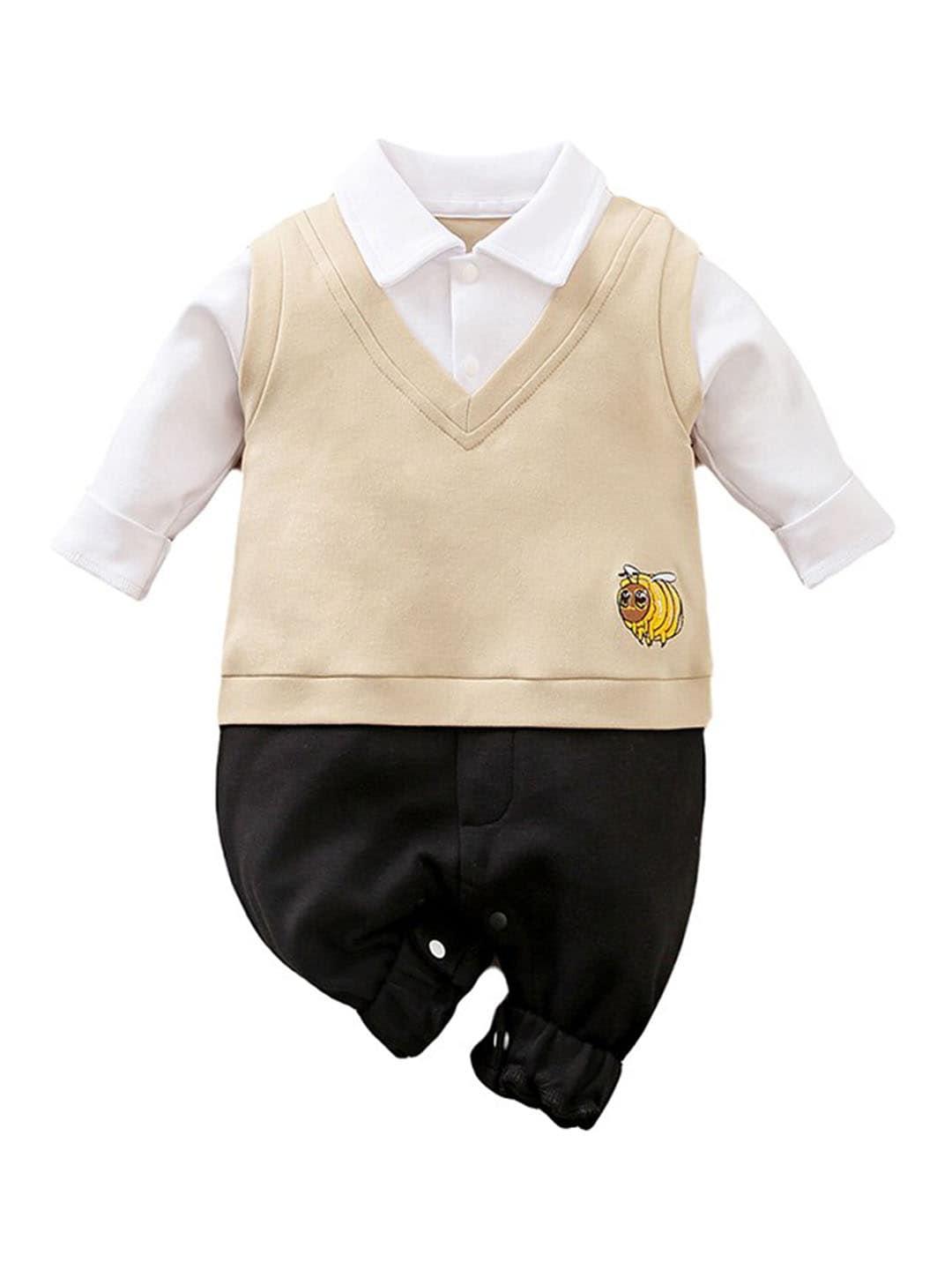stylecast beige infants boys cotton rompers with attached waistcoat