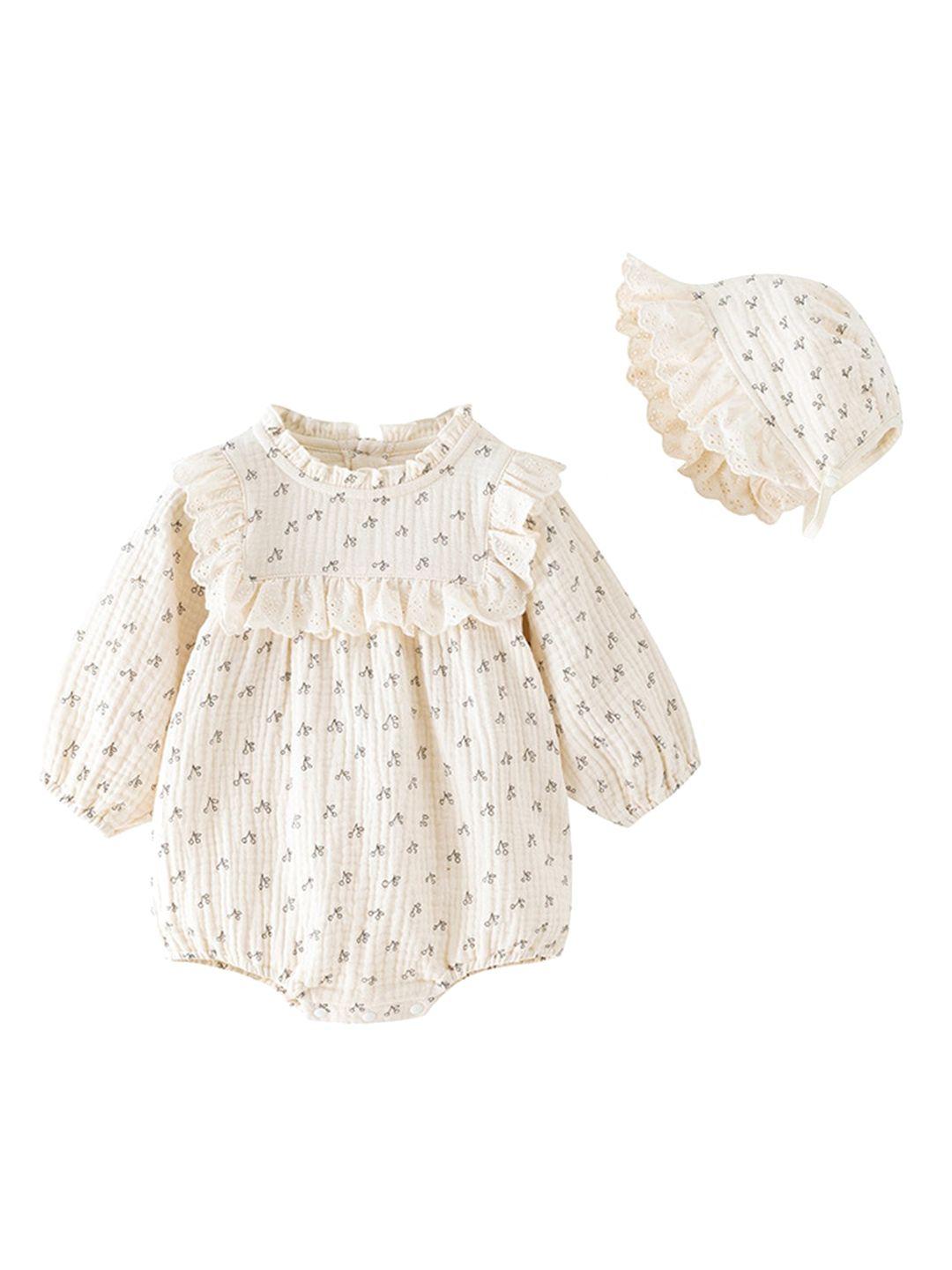 stylecast-beige-infants-girls-printed-cotton-romper-with-cap