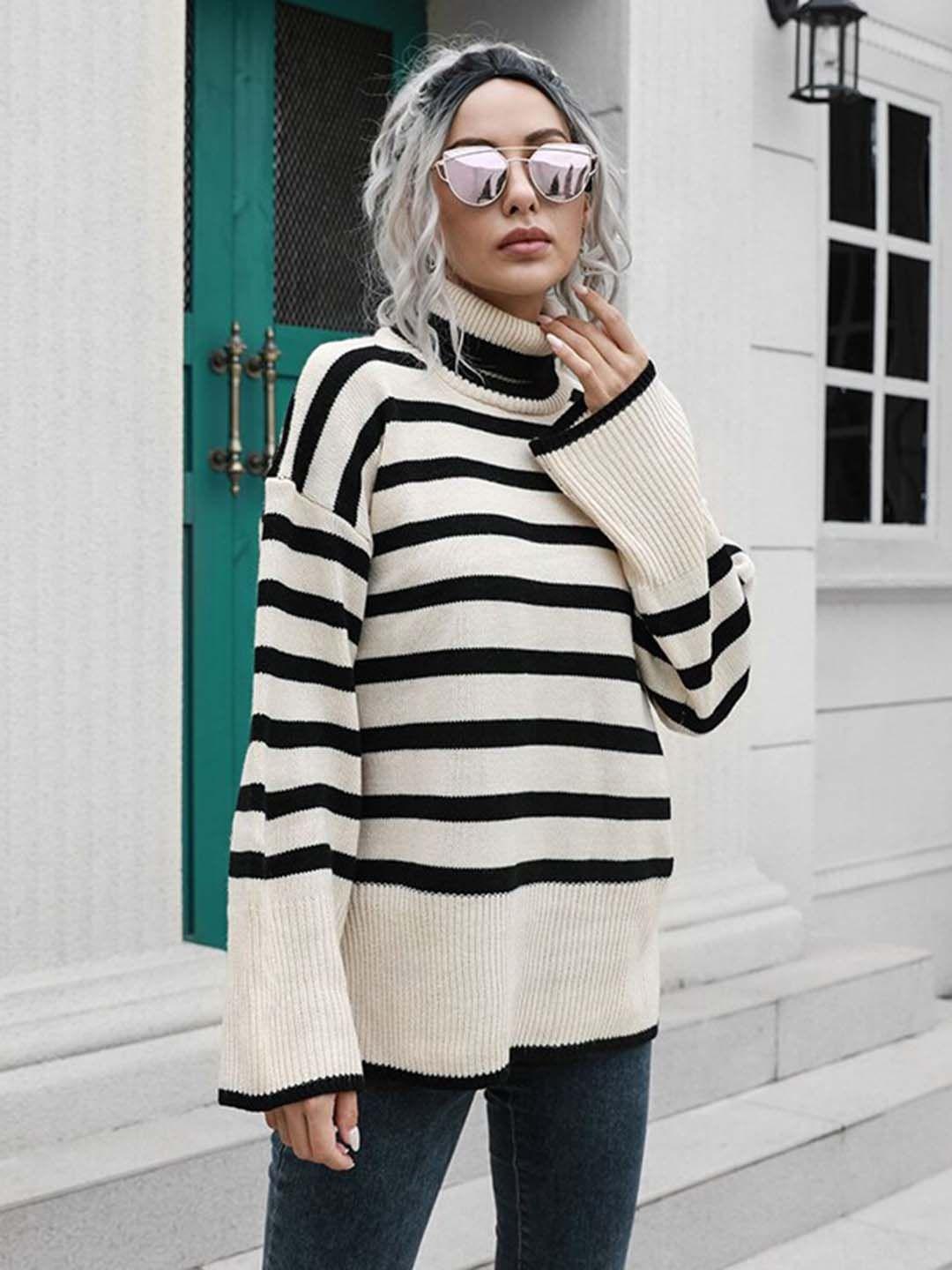 stylecast beige striped turtle neck long sleeves acrylic pullover sweater