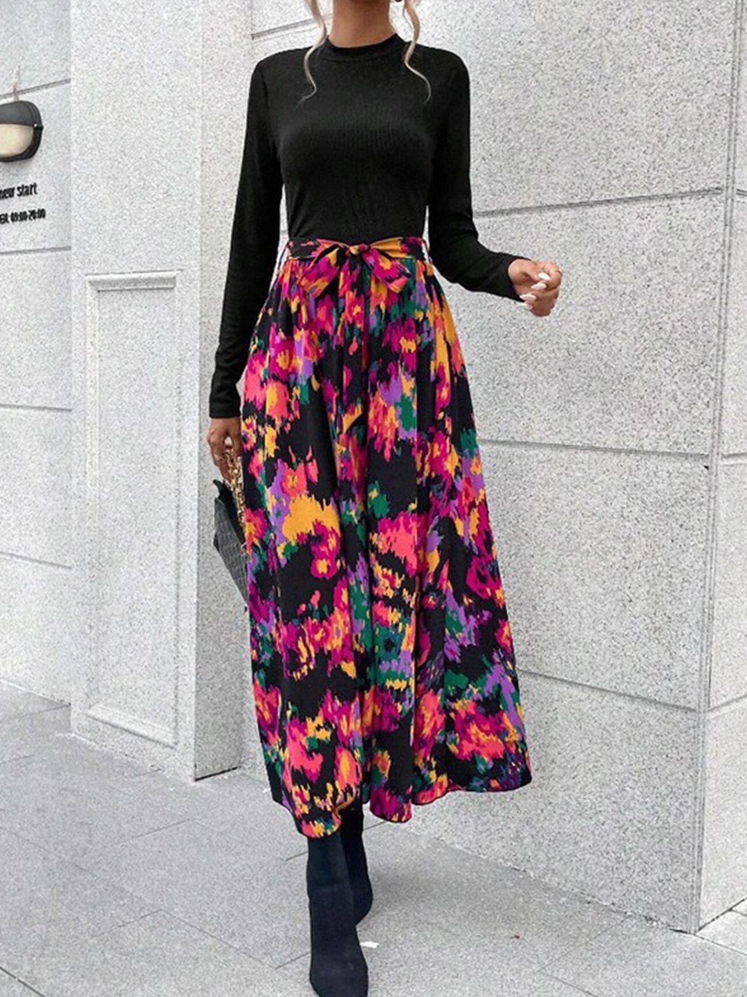 stylecast black & pink abstract printed tie-up detail maxi fit & flare dress