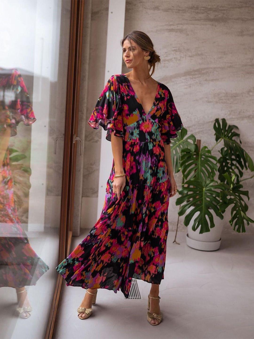 stylecast black abstract printed flared sleeves maxi dress
