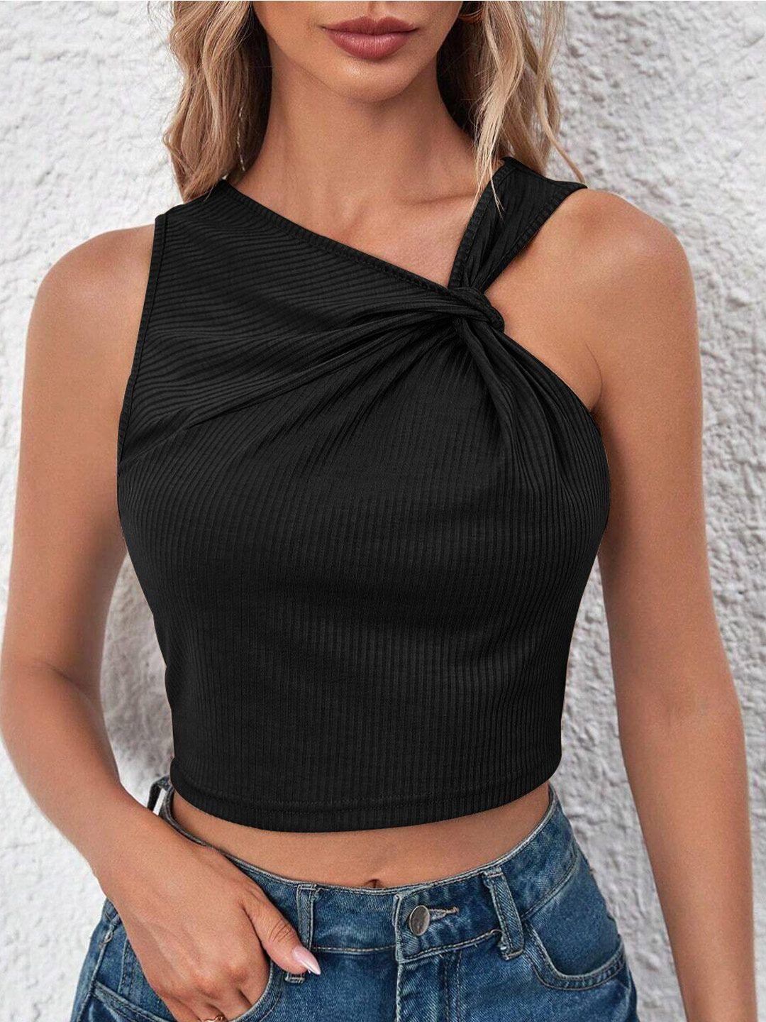 stylecast black asymmetric neck fitted crop top