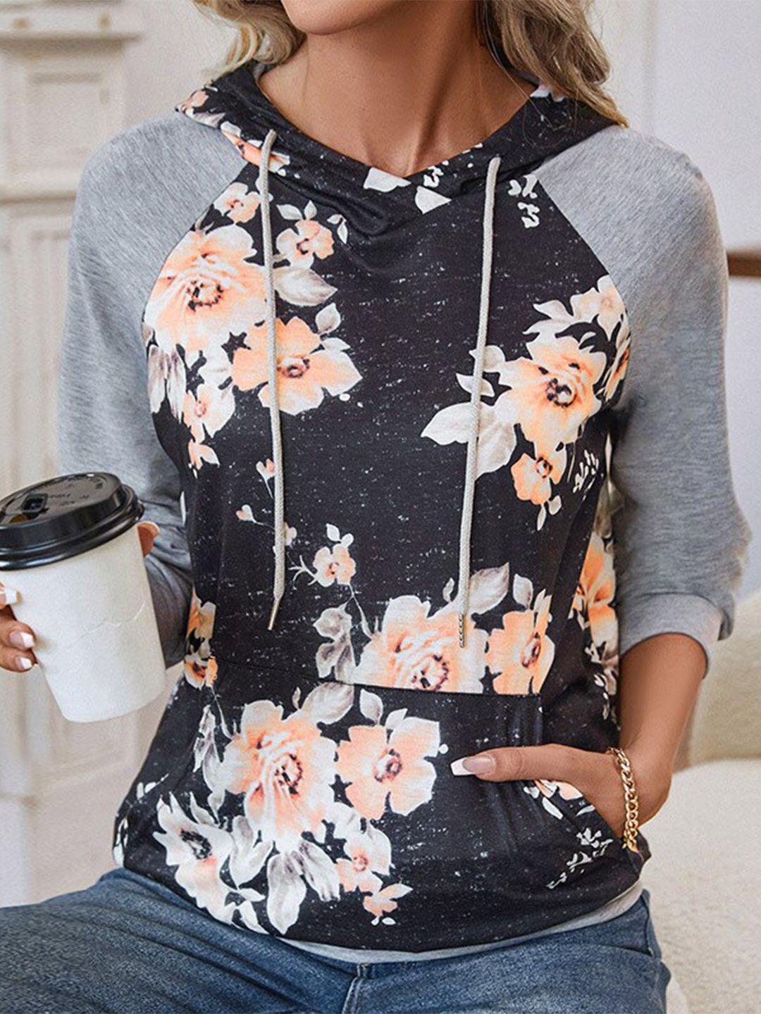 stylecast black floral printed hooded pullover