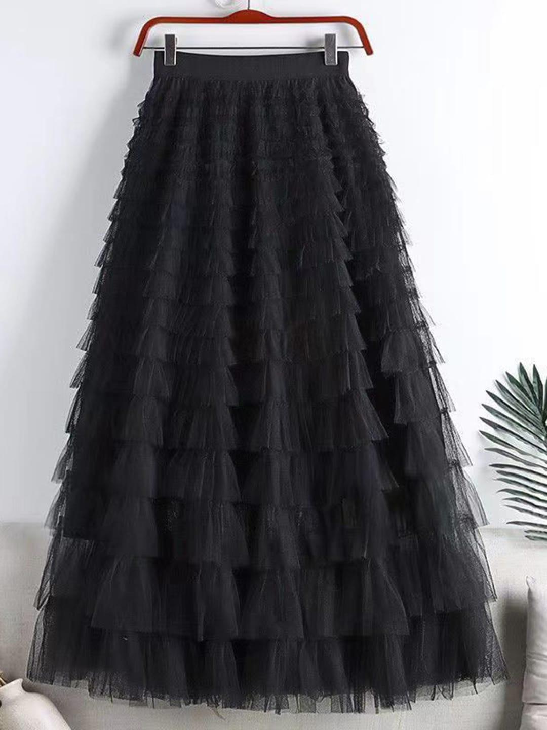 stylecast black frills bows and ruffles flared maxi skirt