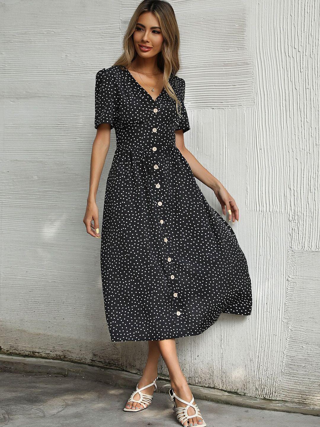 stylecast black polka dots printed v-neck puff sleeves a-line midi dress