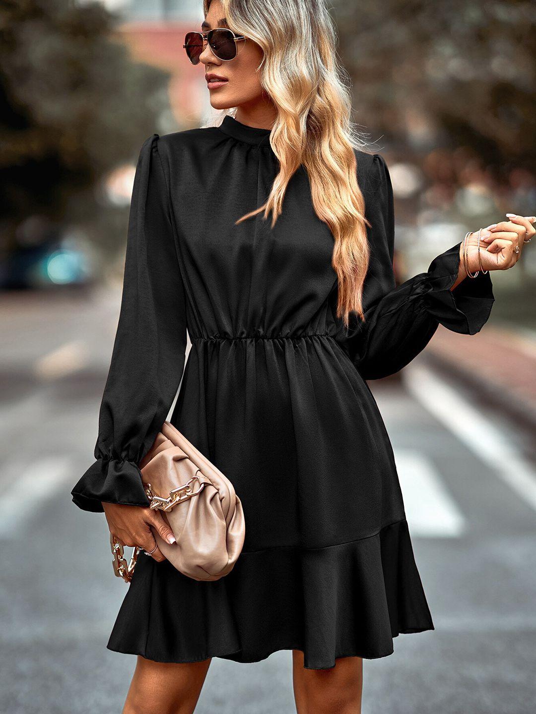 stylecast black puff sleeved fit and flare dress