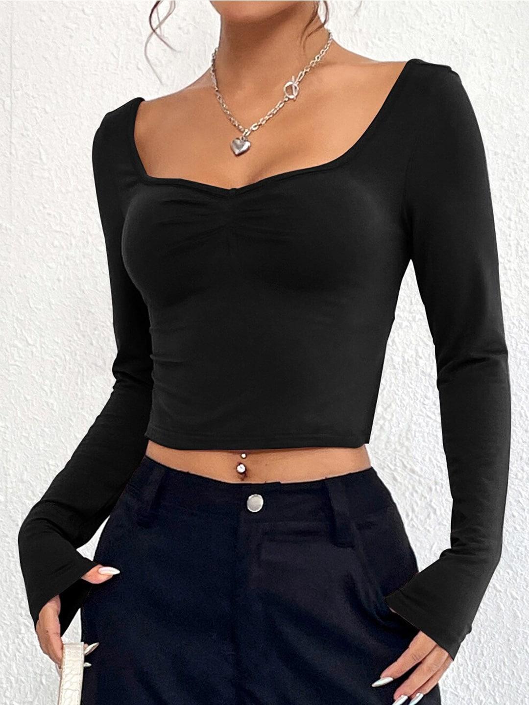 stylecast black round neck fitted crop top