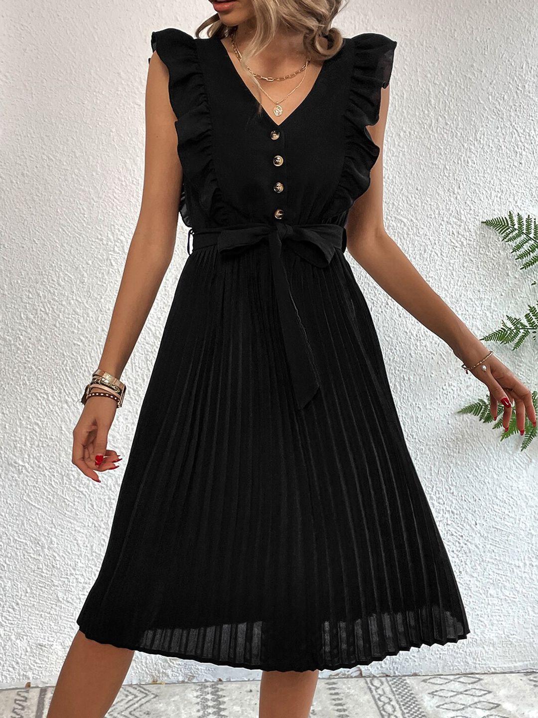 stylecast black v-neck pleated detailed fit & flare midi dress with belt
