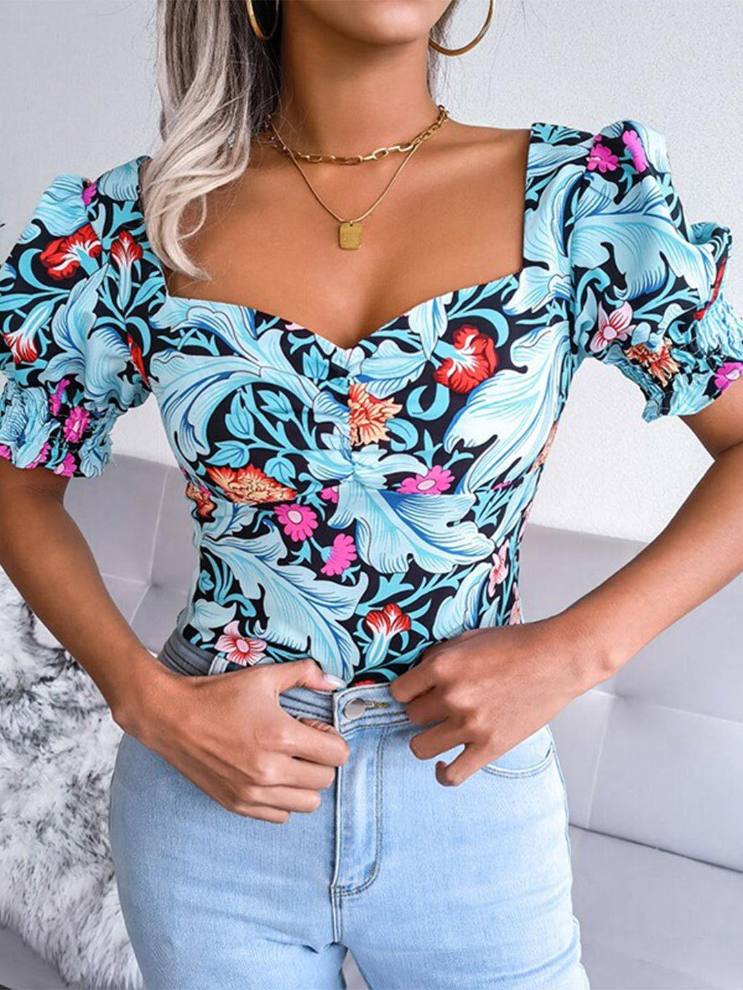 stylecast blue floral print sweetheart neck puff sleeve crop top