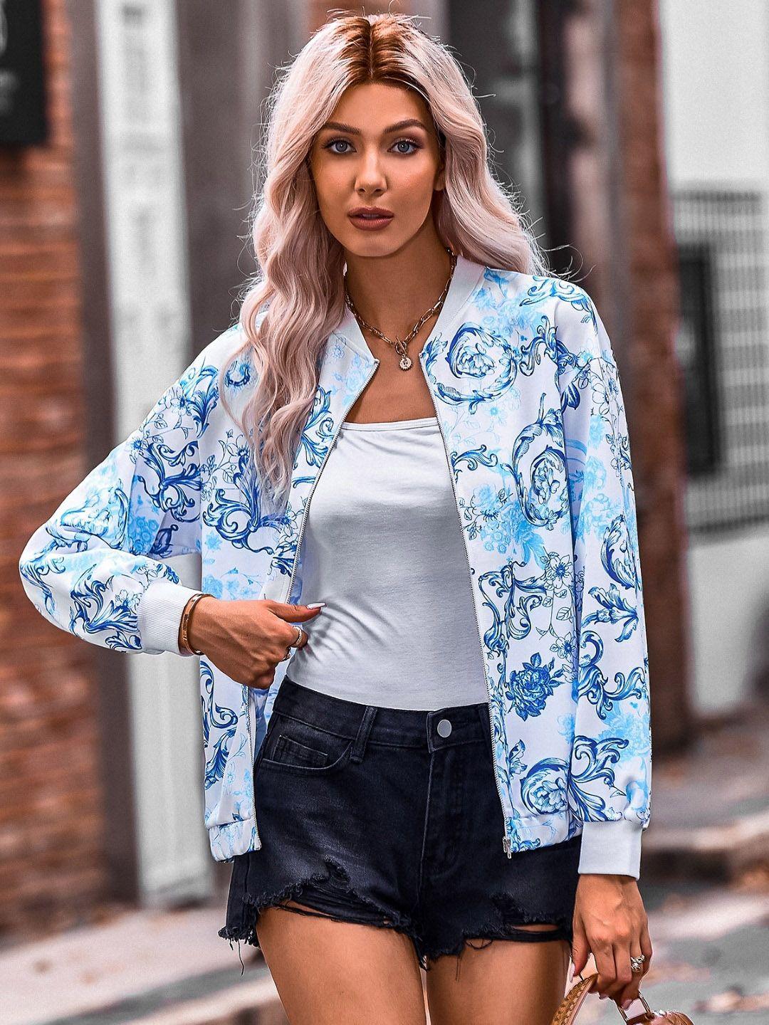 stylecast blue floral printed mandarin collar bomber jacket