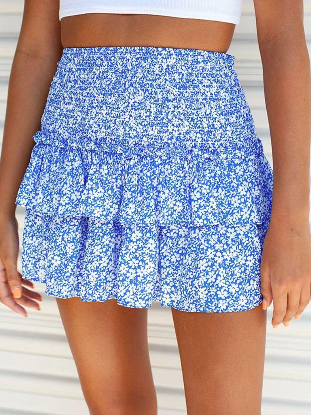 stylecast blue floral printed smocked layered flared mini skirt