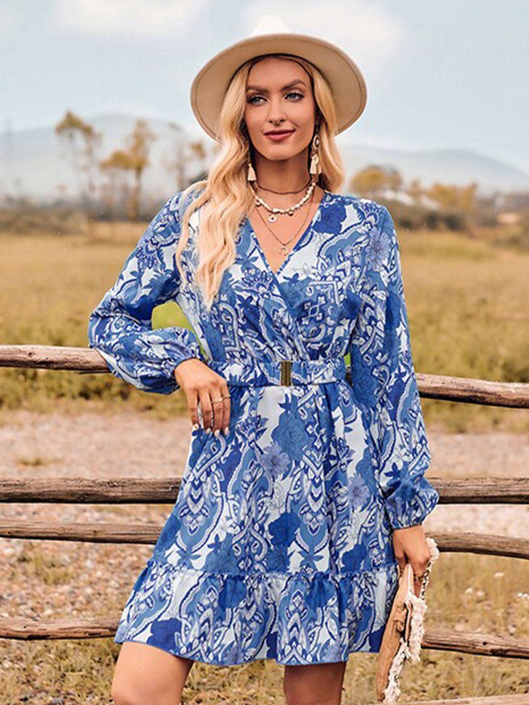 stylecast blue floral printed v-neck puff sleeves a-line dress