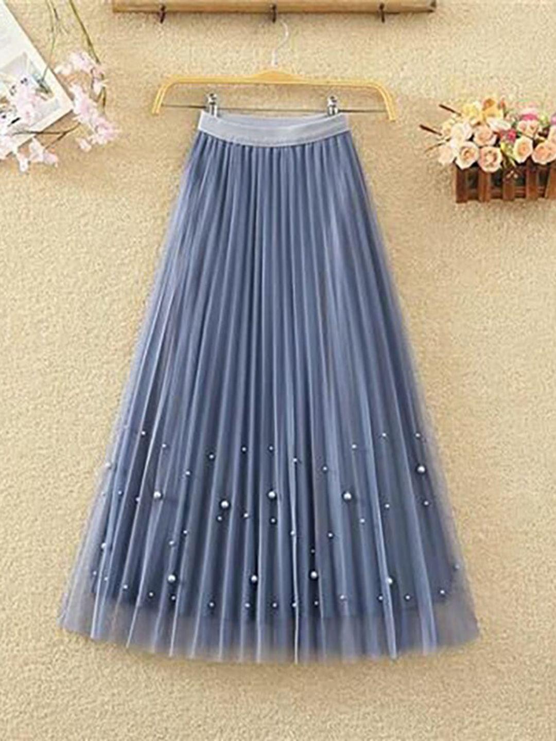 stylecast blue pleated embellished flared midi skirt