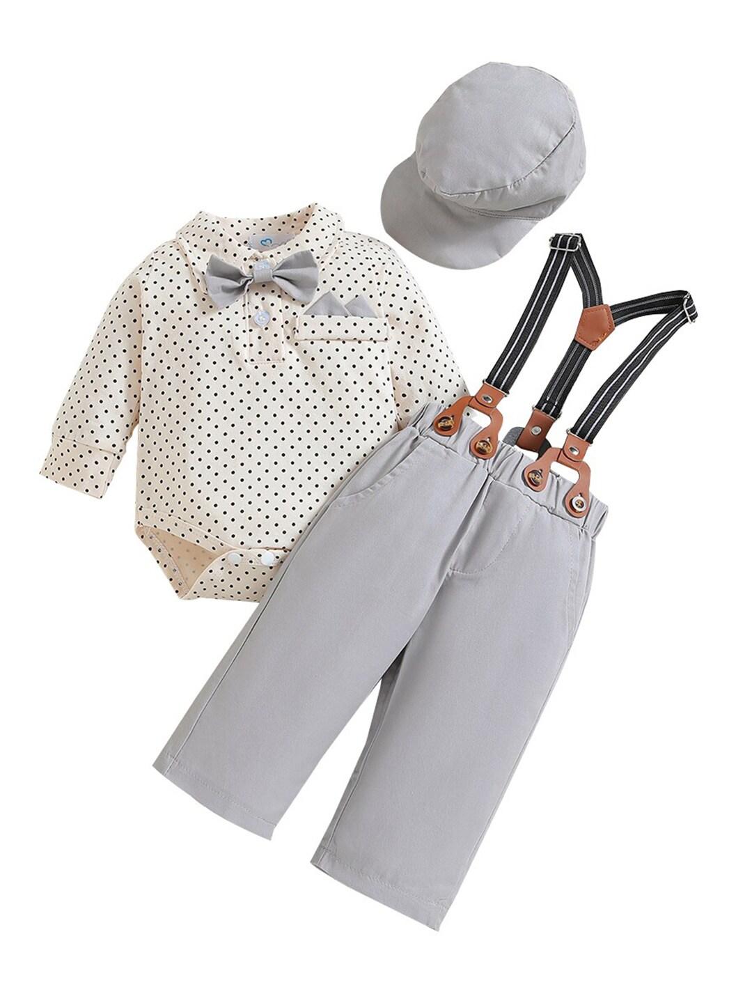 stylecast boys beige & grey printed shirt with trousers & suspenders