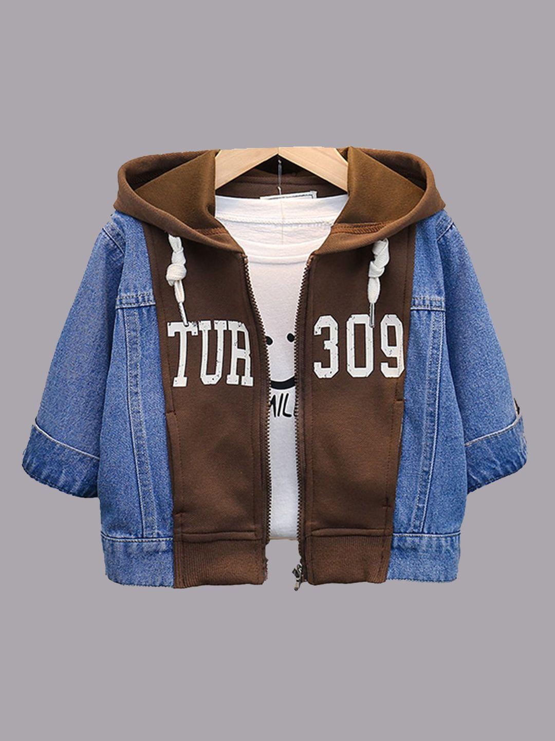 stylecast boys brown typography printed hooded cotton denim jacket