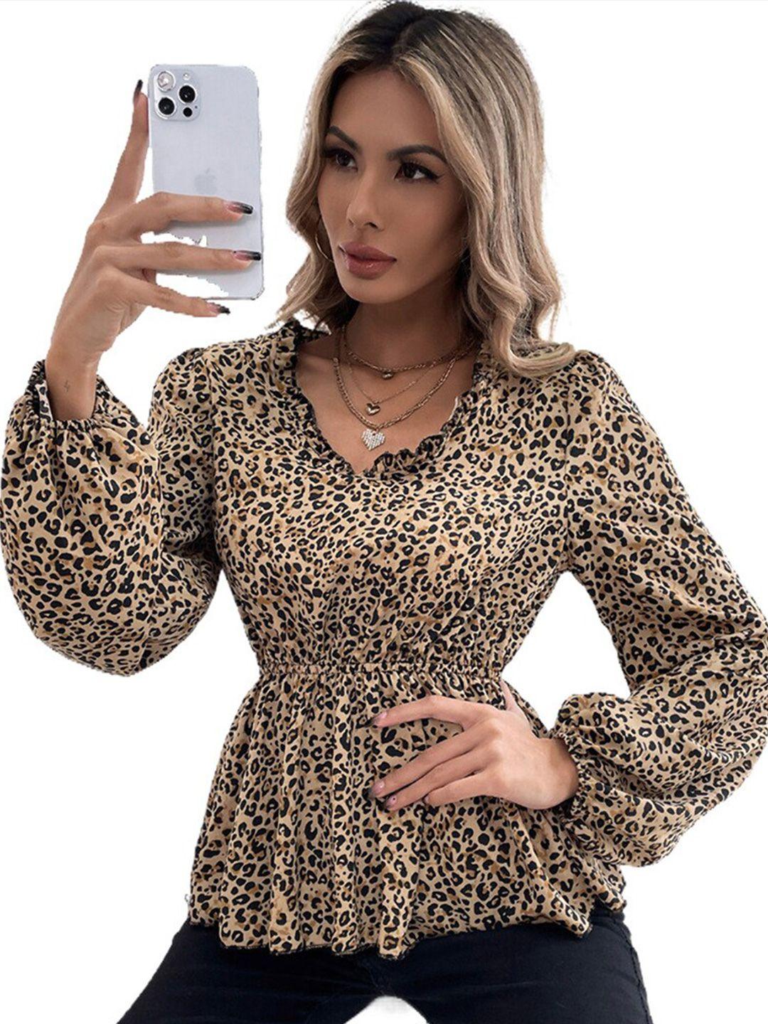 stylecast brown animal printed v-neck puff sleeves cinched waist top