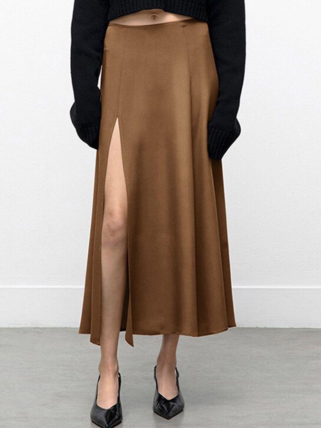 stylecast brown front slit a-line midi skirt