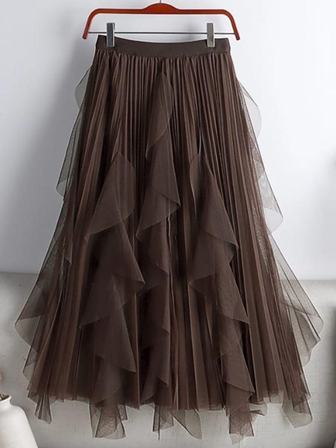 stylecast brown pleated ruffles detail flared midi skirt