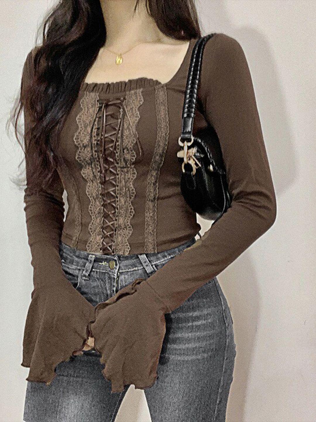 stylecast brown square neck lace up cotton crochet top