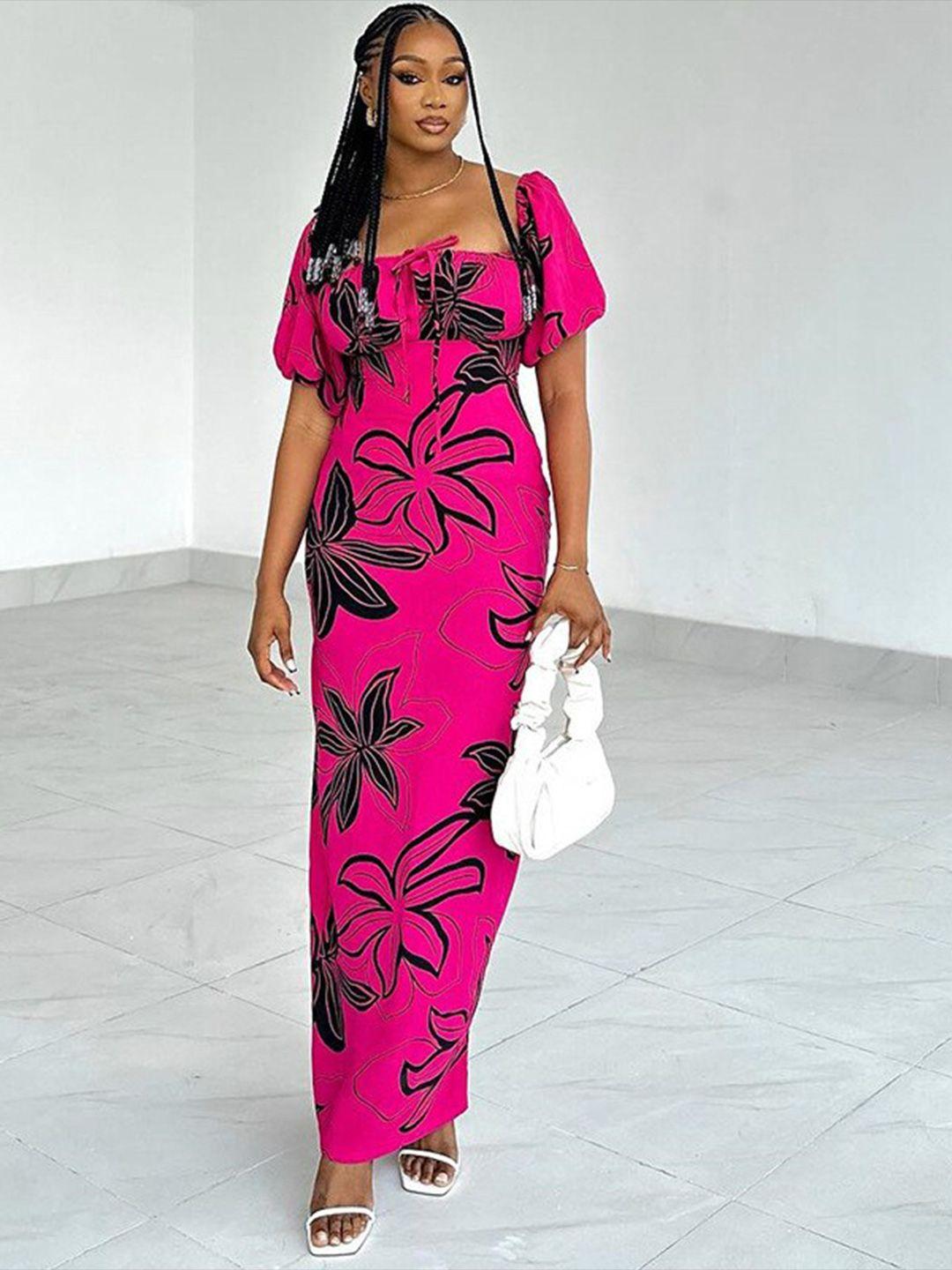 stylecast fuchsia floral printed square neck puff sleeves bodycon maxi dress