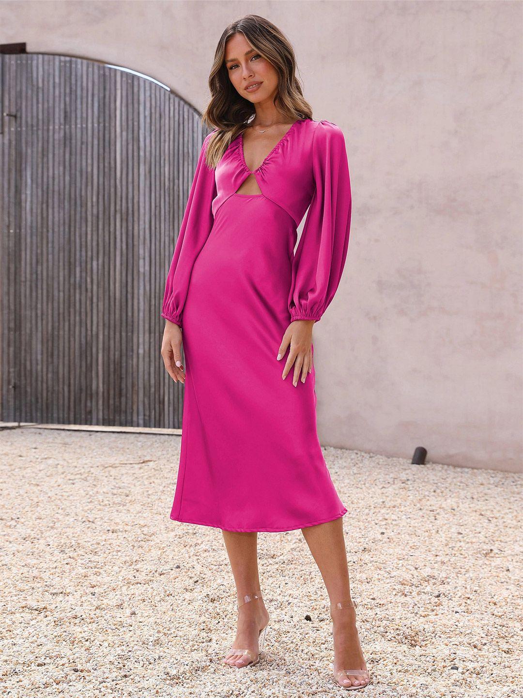 stylecast fuchsia v-neck puff sleeves cut-out detail a-line midi dress