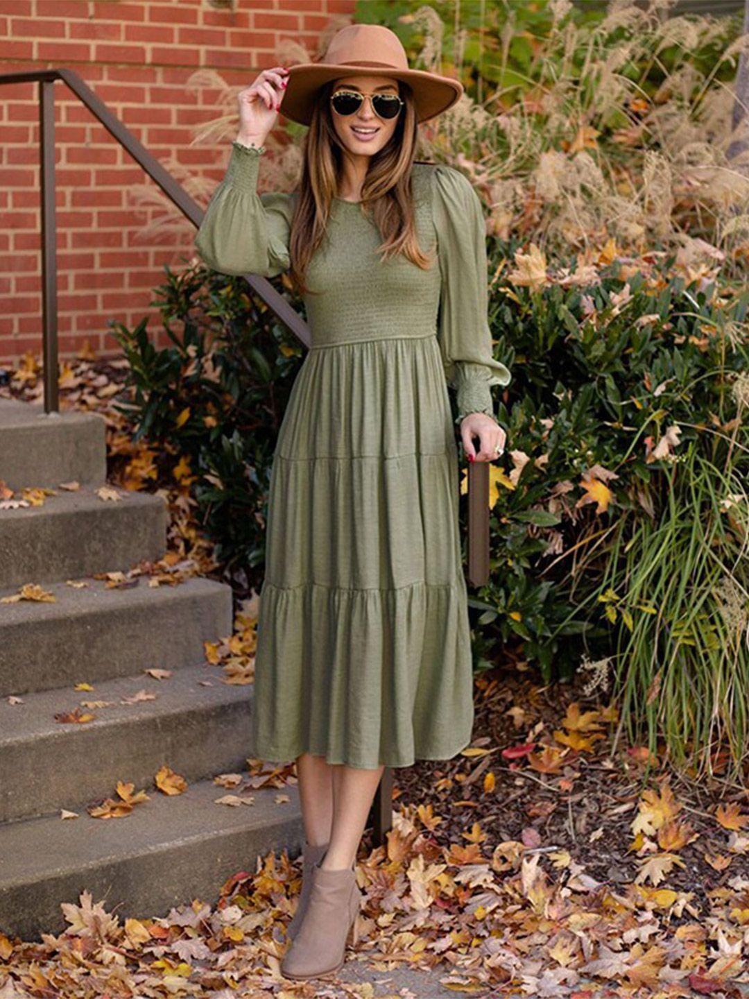 stylecast green bishop sleeve layered a-line midi dress