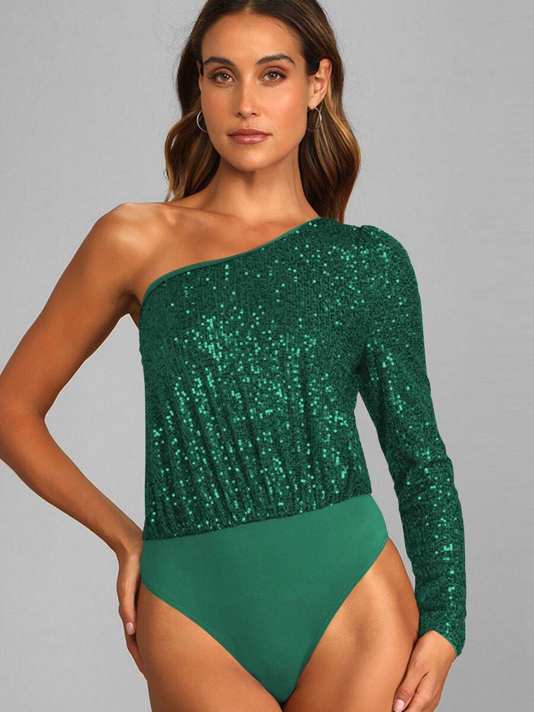 stylecast green embellished one-shoulder long sleeve bodysuit
