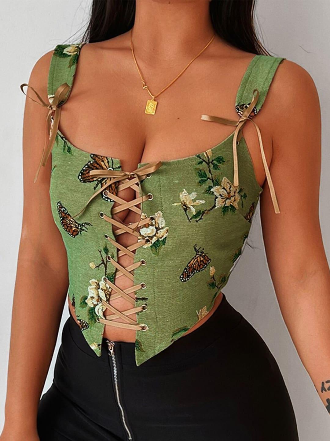 stylecast green floral printed sleeveless tank crop top