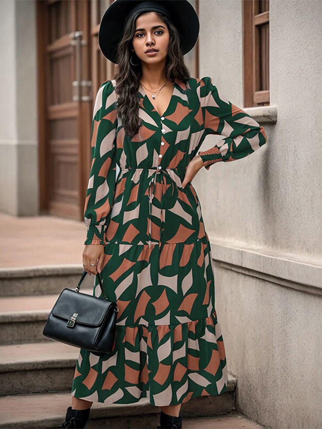stylecast green geometric printed layered fit & flare maxi dress