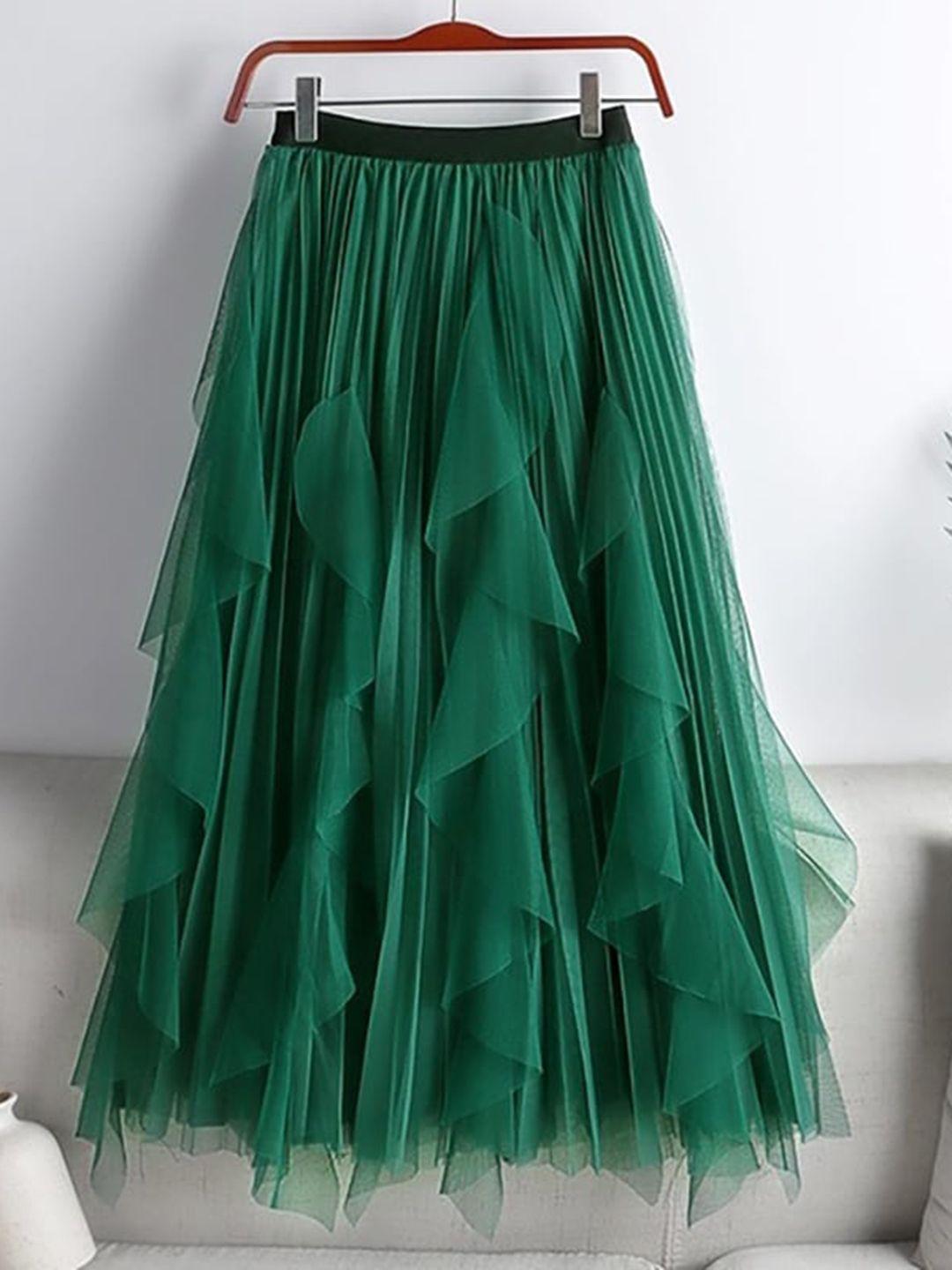 stylecast green pleated ruffles detail maxi flared skirt