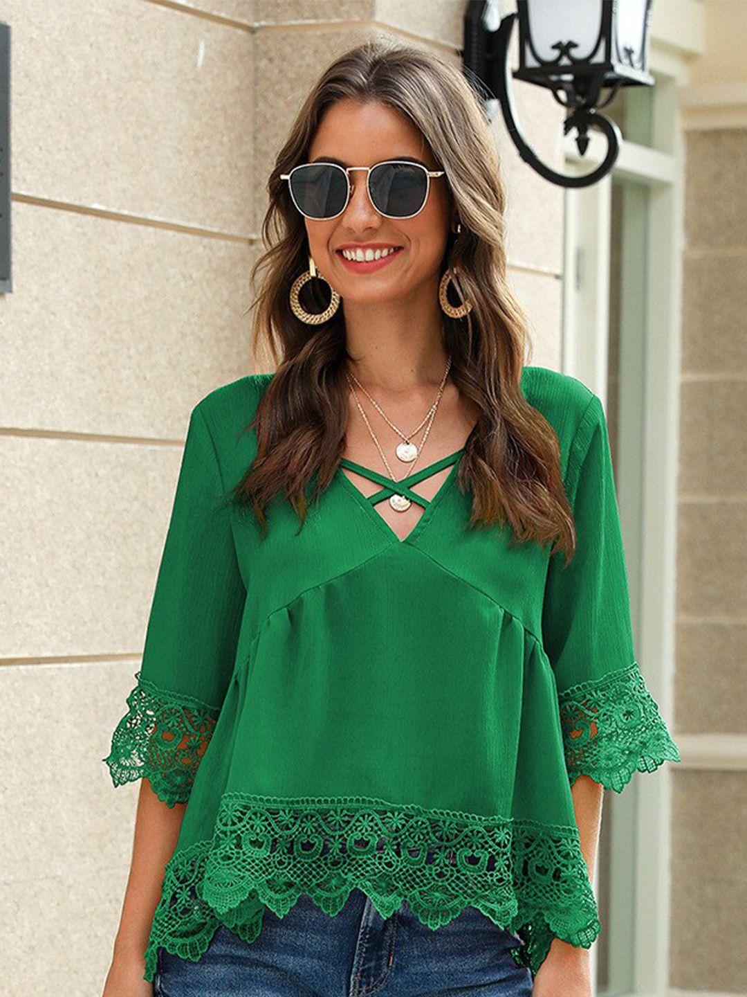 stylecast green v-neck lace detail empire top