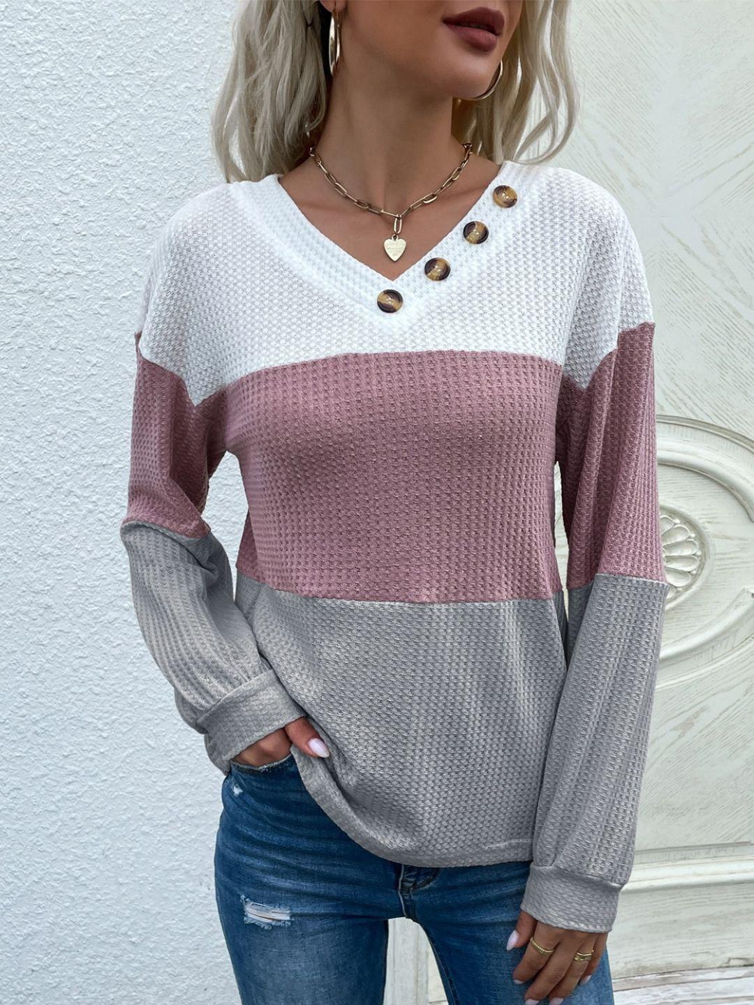 stylecast grey & white colourblocked v-neck cotton pullover