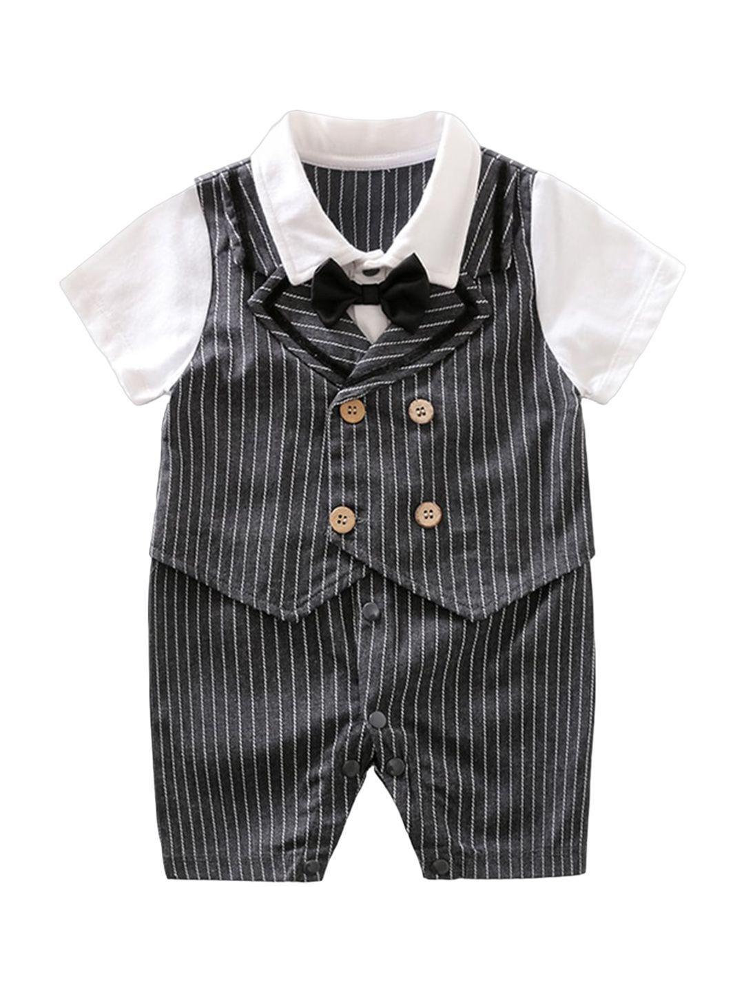 stylecast-grey-infants-boys-striped-cotton-rompers-with-attached-waistcost-and-bow