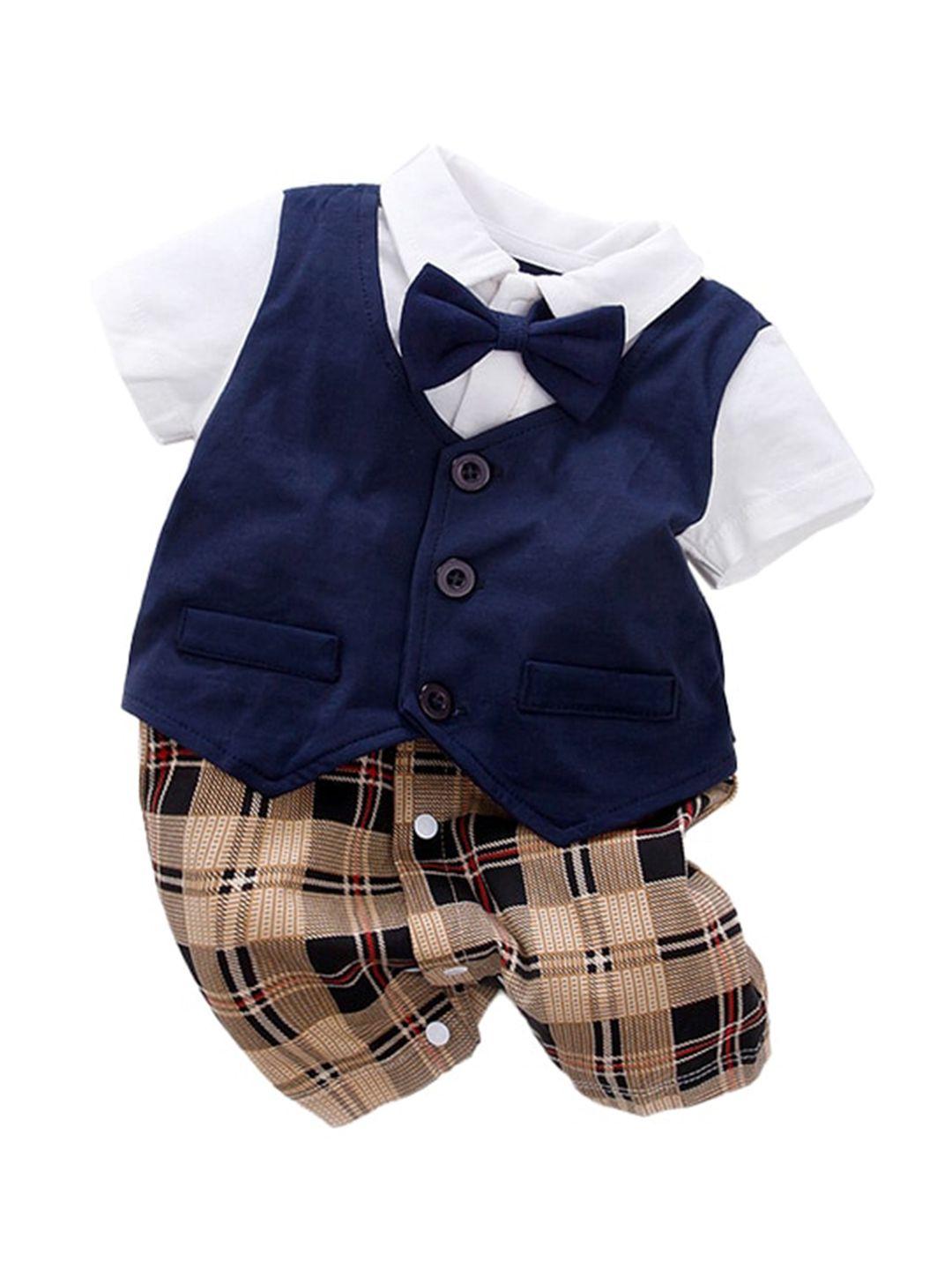 stylecast infant boys navy blue checked cotton rompers with bow