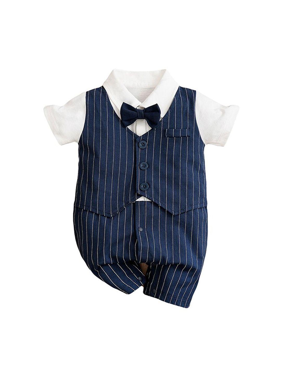 stylecast infant boys navy blue striped spread collar pure cotton rompers