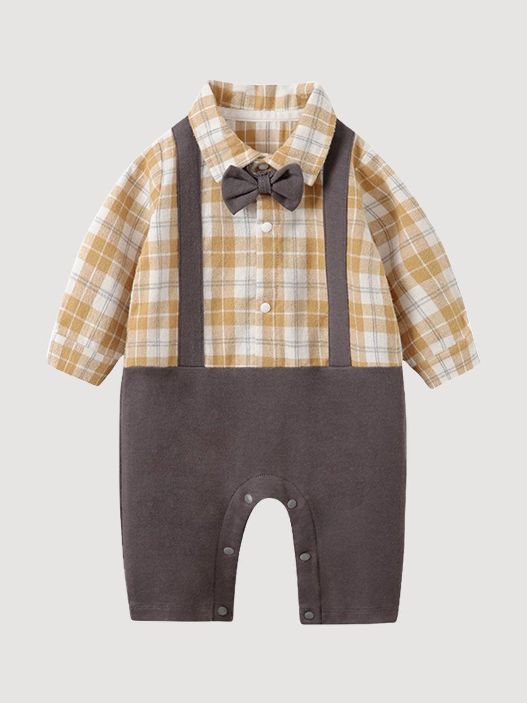 stylecast infant boys yellow & khaki-coloured checked cotton rompers