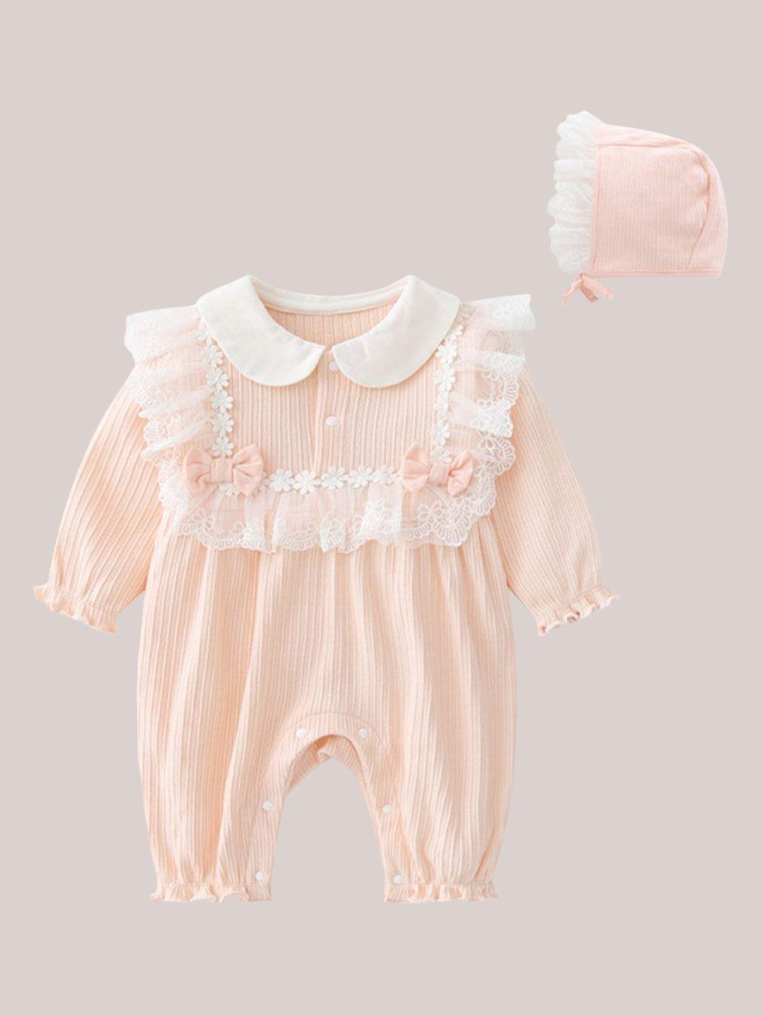 stylecast infant girls peach-coloured pure cotton romper with bonnet