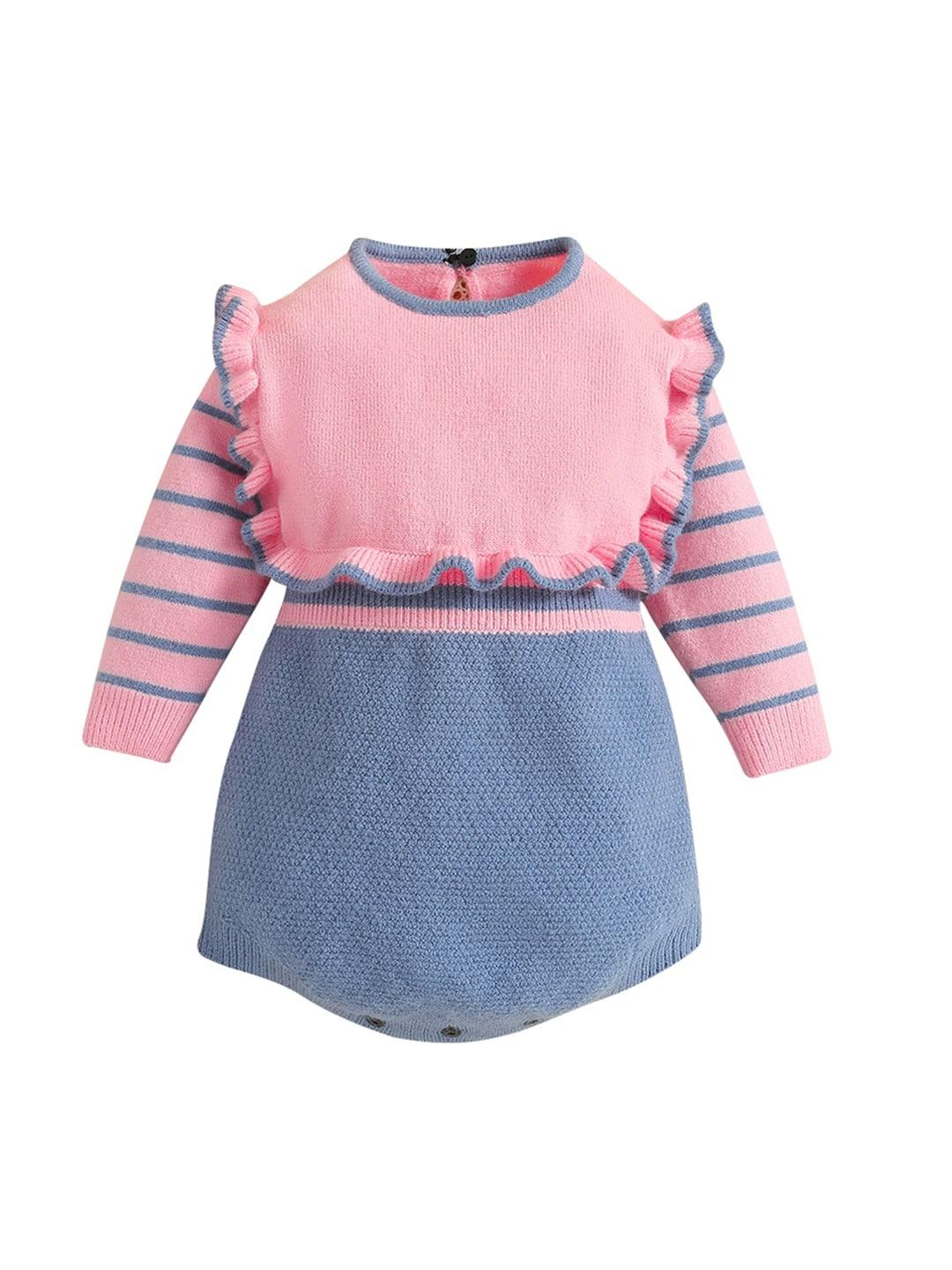 stylecast infants girls pink colourblocked round neck long sleeve cotton rompers